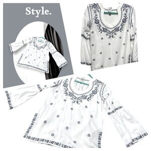 Escapada Tunic Top Boho Peasant Style White Blue Bell Sleeve Small